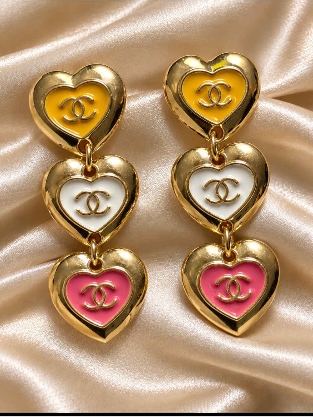 New Gold-Tone Triple Heart Drop Earrings with Yellow, White & Pink Enamel
